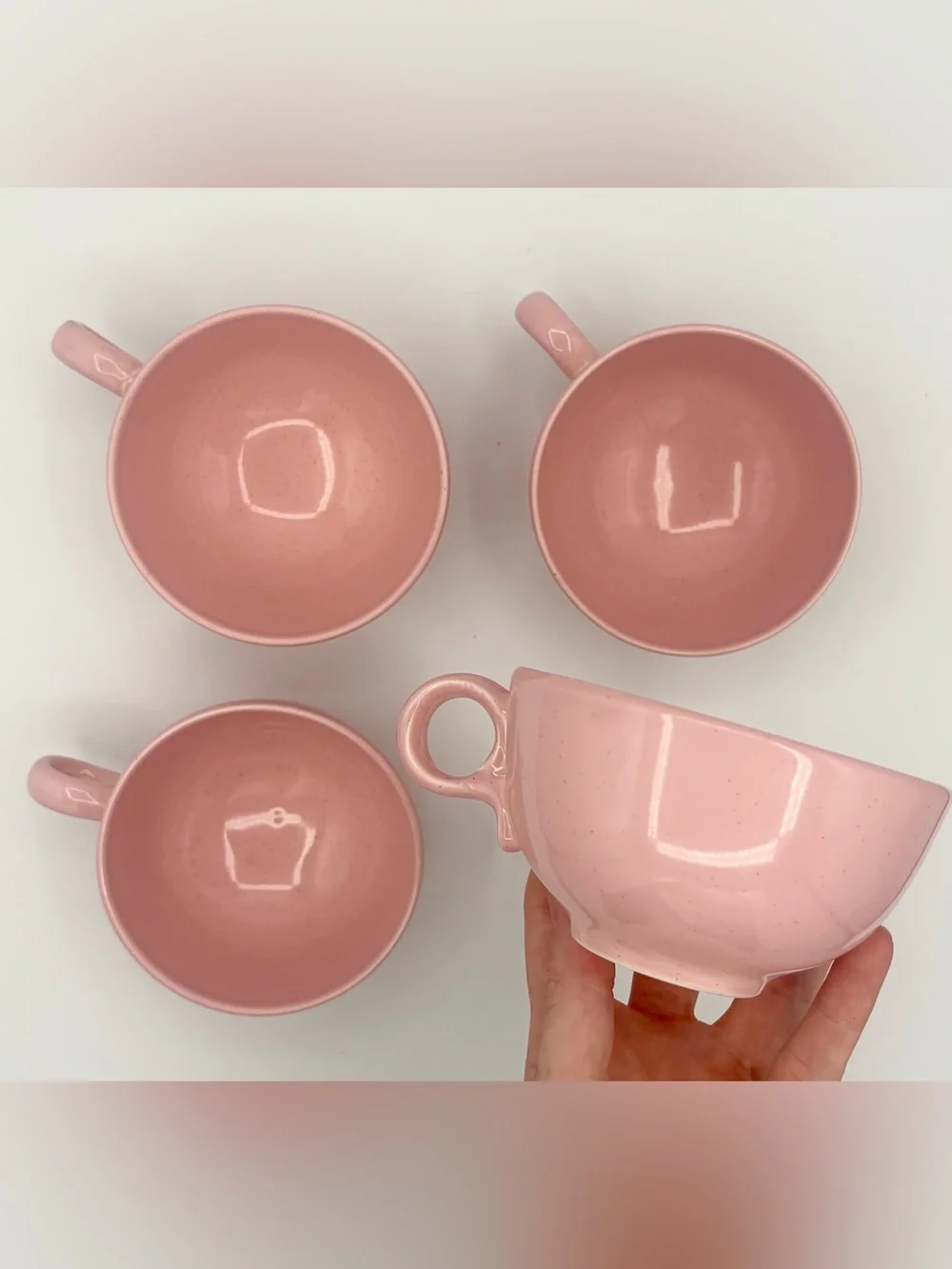 Vintage Set of 4 Pink Tea Cups Short Speckled Mid Century Modern Decor Serving